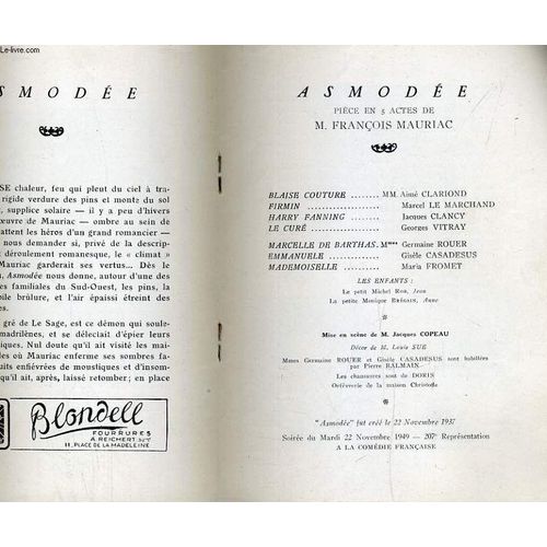 Programme De La Comedie Francaise, Salle Luxembourg. Asmodee, Piece En 5 Actes De M. Francois Mauriac