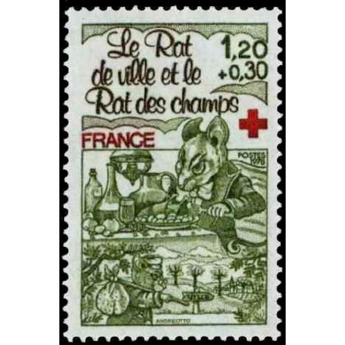 Timbre N°2025 Y&t 1,20+0,30f Olive, Brun-Olive Et Rouge Au Profit De La Croix-Rouge Fables De La Fontaine Le Rat De Ville Et Et Le Rat Des Champs