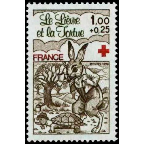 Timbre N°2024 Y&t 1+0,25 F Brun-Olive, Olive Et Rouge Au Profit De La Croix-Rouge Fables De La Fontaine Le Lièvre Et La Tortue