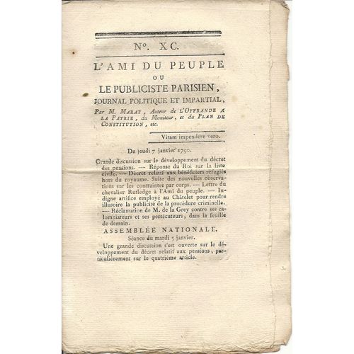 Ami Du Peuple (L') Ou Le Publiciste Parisien  N° 90 : Journal Politique Et Impartial Par M Marat Auteur De L'offrande À La Patrie Du Moniteur, Et Du Plan De Constitution Ect...
