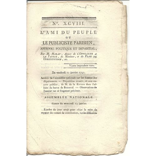 Ami Du Peuple (L') Ou Le Publiciste Parisien  N° 98 : Journal Politique Et Impartial Par M Marat Auteur De L'offrande À La Patrie Du Moniteur, Et Du Plan De Constitution Ect...