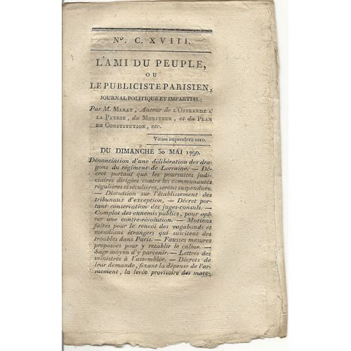 Ami Du Peuple (L') Ou Le Public Parisien  N° 118 : Journal Politique Et Impartial Par M Marat Auteur De L'offrande À La Patrie Du Moniteur, Et Du Plan De Constitution Ect...