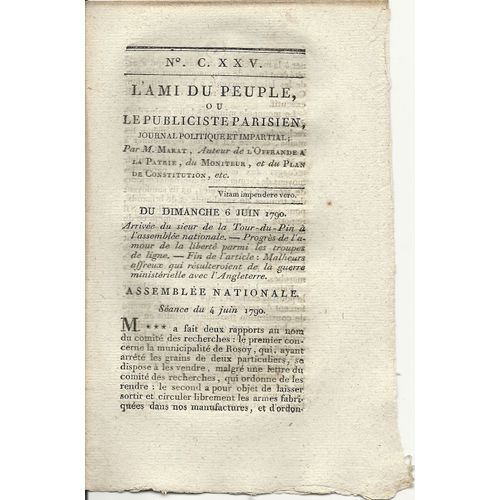 Ami Du Peuple (L') Ou Le Publiciste Parisien  N° 125 : Journal Politique Et Impartial Par M Marat Auteur De L'offrande À La Patrie Du Moniteur, Et Du Plan De Constitution Ect...