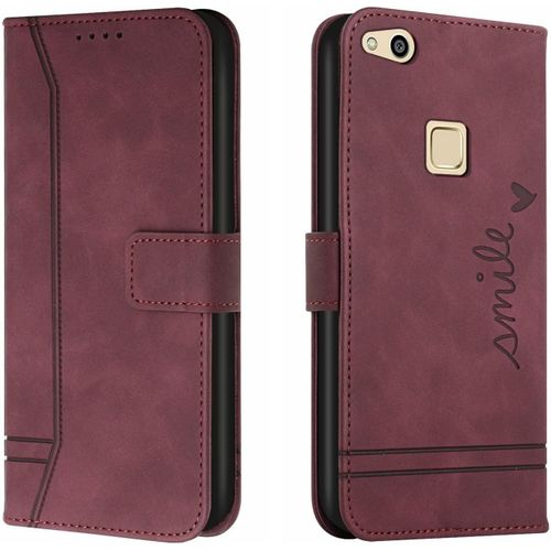 Coque Pour Huawei P10 Lite,Etui Cuir Avec Magnetique,Flip Pochette Housse Pour Huawei P10 Lite Protection,Vin Rouge