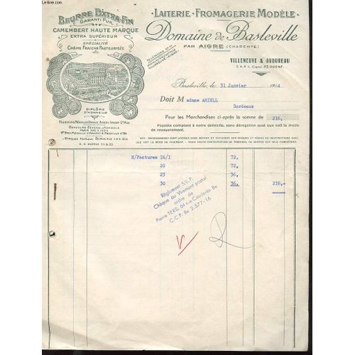 1 Facture Ancienne - Domaine De Basleville - Laiterie, Fromagerie, Moele, Beurre Extra Fin, Camembert Haute Marque,