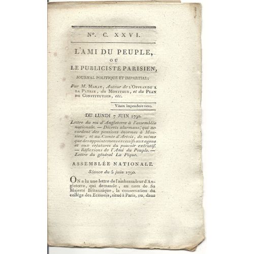 Ami Du Peuple (L') Ou Le Publiciste Parisien  N° 126 : Journal Politique Et Impartial Par M Marat Auteur De L'offrande À La Patrie Du Moniteur, Et Du Plan De Constitution Ect...