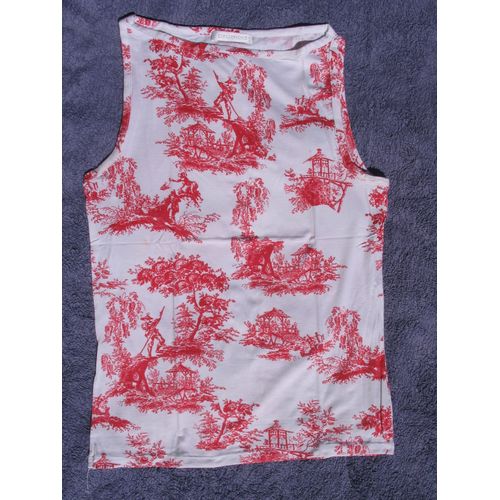 T-Shirt "Promod ", Blanc Avec Motifs Chinois Rouges, Taille S, Sans Manches