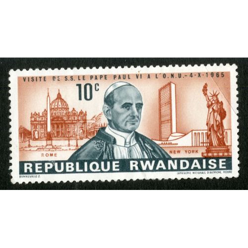 Timbre Non Oblitéré République Rwandaise, Visite De S.S. Le Pape Paul Vi À L'o.N.U - 4.X.1965, 10 C