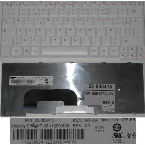 Clavier Azerty Français / French Pour IBM Lenovo IdeaPad S12  Series, Blanc / White, Model: N7S-FR MP-0A, P/N: MP-08K16F0-686, 25-008415