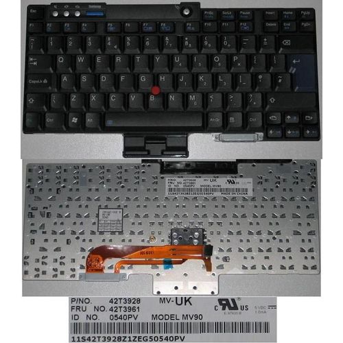 Clavier Qwerty UK Pour IBM Lenovo ThinkPad T60 R60 Z60 T60p T61 T61p R60e R60i R61 R61e R61i R400 R500 T400 T500 W500 W700 W700ds Series, Noir / Black, Model: MV90, P/N: 42T3928, 42T3961, 0540PV