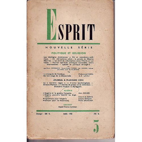 Esprit. N° 3, Mars 1958. Contient Entre Autres : Politique Et Religion : Conscience Politique Et Conscience Religieuse, Par Jean-Marie Domenach (22 Pages).