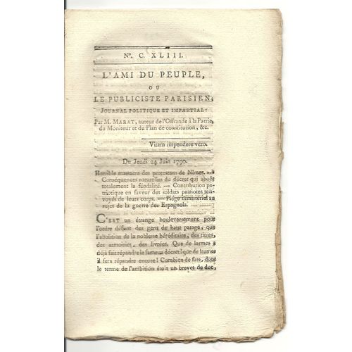 Ami Du Peuple (L') Ou Le Publiciste Parisien  N° 143 : Journal Politique Et Impartial Par M Marat Auteur De L'offrande À La Patrie Du Moniteur, Et Du Plan De Constitution Ect...