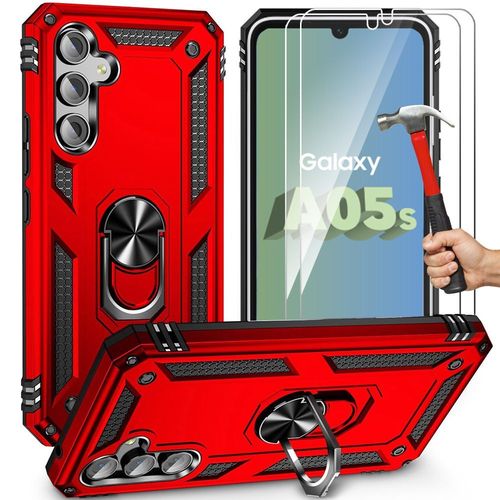 2 Verres Trempés + Coque Pour Samsung Galaxy A05s (Pas Pour A05) - Solide Rigide Anneau Arrière Antichoc - Rouge - Booling