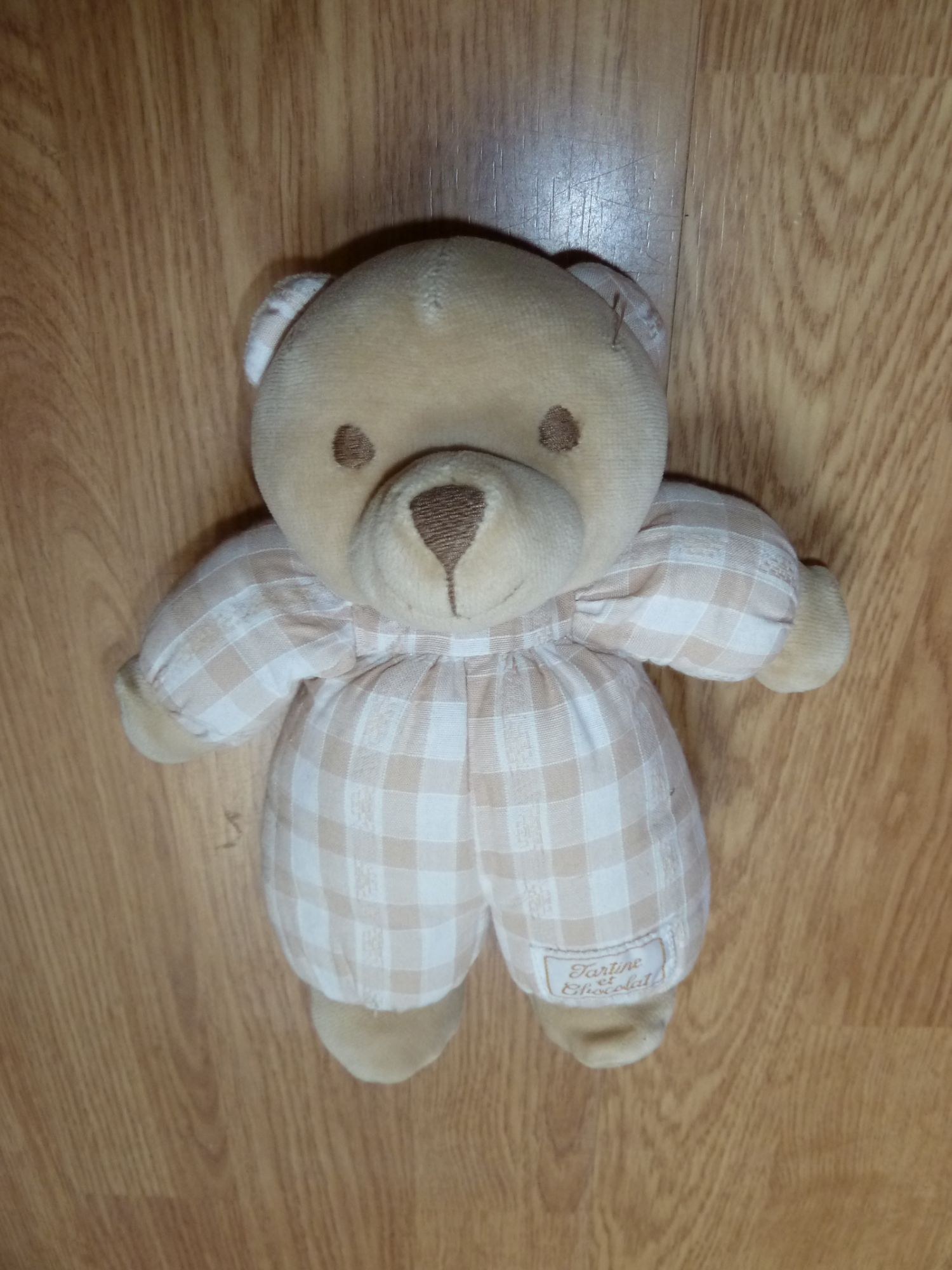 Doudou Tartine Et Chocolat Ours Bear Bar Ourson Vichy Carreau Beige Crême Grelot 20 Cm