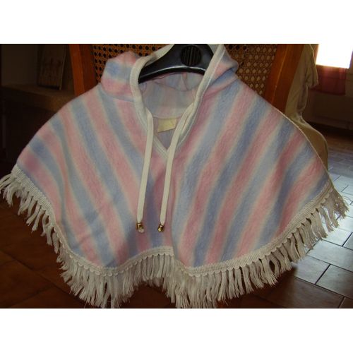 Poncho Laine Rayé Rose Et Bleu