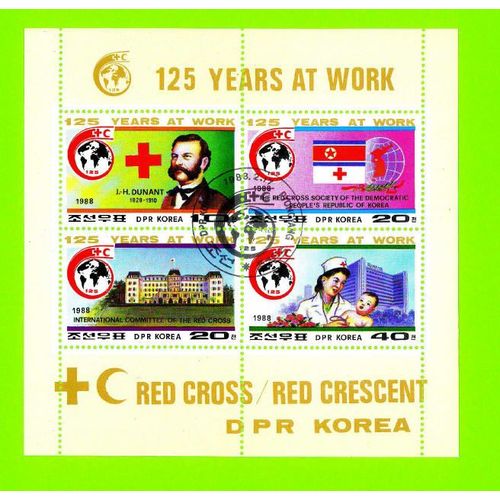 Bloc 4 Timbres Oblitérés Used Stamps Red Cross Red Crescent 125 Years At Work Dpr Korea Coree Du Nord 1988