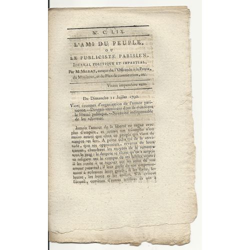 L'ami Du Peuple Ou Le Publiciste Parisien  N° 159 : Journal Politique Et Impartial Par M Marat Auteur De L'offrande À La Patrie, Du Moniteur, Et Du Plan De Constitution Ect...
