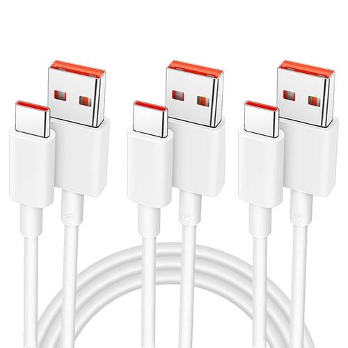 3x Câble Charge Rapide 6a Usb-C Pour Xiaomi Redmi 13c Redmi Note 13 4g/5g Note 13 Pro Plus 5g - 1m Blanc - Booling