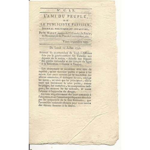 L'ami Du Peuple Ou Le Publiciste Parisien  N° 160 : Journal Politique Et Impartial Par M Marat Auteur De L'offrande À La Patrie, Du Moniteur, Et Du Plan De Constitution Ect...