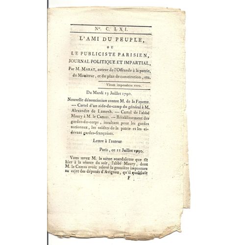 L'ami Du Peuple Ou Le Publiciste Parisien  N° 161 : Journal Politique Et Impartial Par M Marat Auteur De L'offrande À La Patrie, Du Moniteur, Et Du Plan De Constitution Ect...