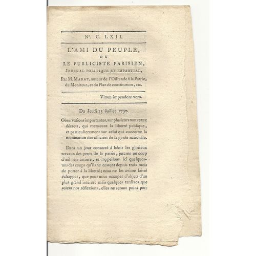 L'ami Du Peuple Ou Le Publiciste Parisien  N° 162 : Journal Politique Et Impartial Par M Marat Auteur De L'offrande À La Patrie, Du Moniteur, Et Du Plan De Constitution Ect...