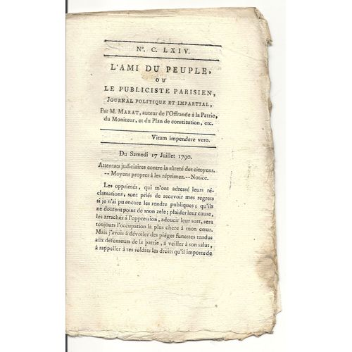 L'ami Du Peuple Ou Le Publiciste Parisien  N° 164 : Journal Politique Et Impartial Par M Marat Auteur De L'offrande À La Patrie, Du Moniteur, Et Du Plan De Constitution Ect...