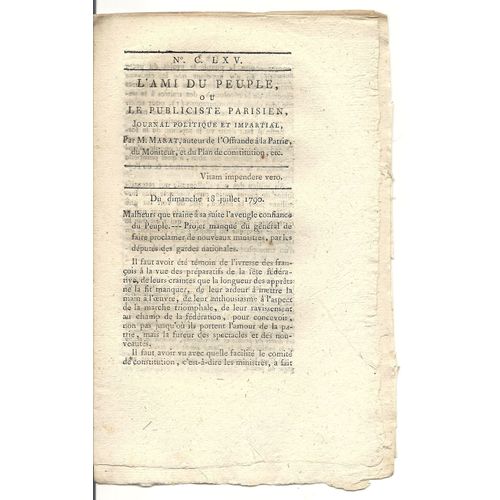 L'ami Du Peuple Ou Le Publiciste Parisien  N° 165 : Journal Politique Et Impartial Par M Marat Auteur De L'offrande À La Patrie, Du Moniteur, Et Du Plan De Constitution Ect...