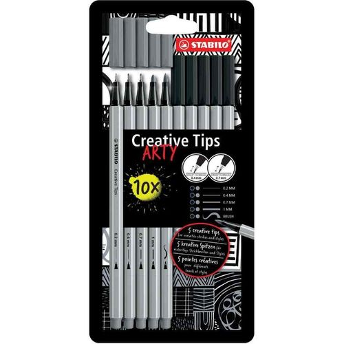10 Feutres À Dessin - Calligraphie - Gris Et Noir - Plusieurs Mines - Stabilo Creative Tips