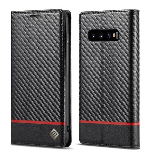 Case For Samsung Galaxy S10 Full Protection Leather Folio Flip Case Card Insertion Magnetic Carbon Fiber With Card Holder Kickstand - Noir