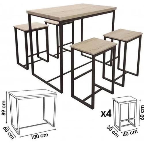 Table De Bar + 4 Tabourets De Bar En Bois Et Métal Noir 0,000000