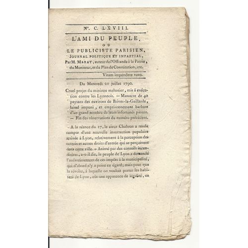 L'ami Du Peuple Ou Le Publiciste Parisien Journal Politique Et Impartial Par M. Marat