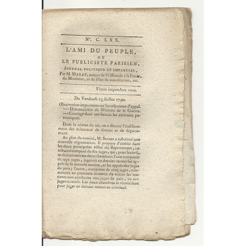 L'ami Du Peuple Ou Le Publiciste Parisien N° 170 Journal Politique Et Impartial Par M. Marat