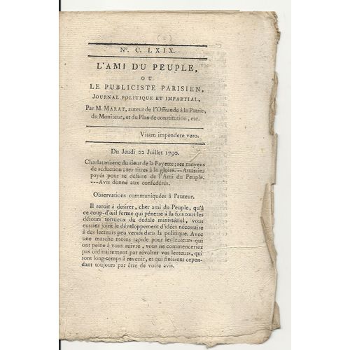 L'ami Du Peuple Ou Le Publiciste Parisien N° 169 Journal Politique Et Impartial Par M. Marat