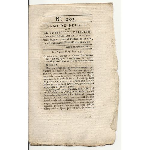 L'ami Du Peuple Ou Le Publiciste Parisien N° 203 Journal Politique Et Impartial Par M. Marat