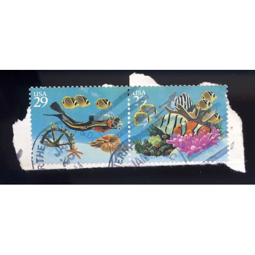 Timbre U S A Le Monde Sous Marin, 2 Timbres En Bloc, 29 Cents Oblitéré