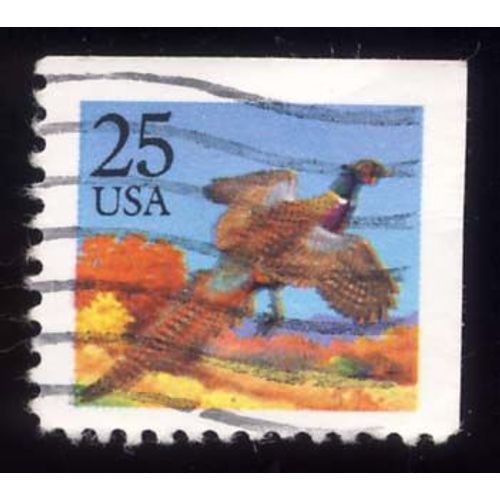 Timbre U S A, Faisan, Coin De Planche Supérieur, 25 Cents Oblitéré