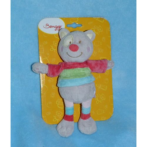 Chat Gris  Doudou Bengy Charline Binz  Nez Rouge Pull Rose Vert Bleu 20 Cm Amtoys
