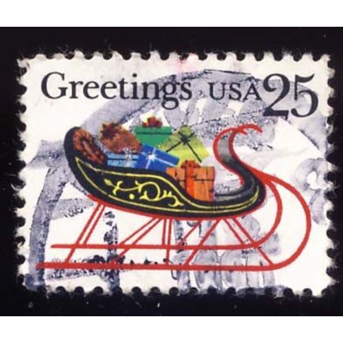 Timbre U S A, Greetings Traîneau Du Père Noël, 25 Cents, Oblitéré