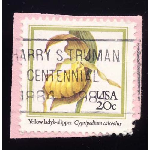 Timbre U S A, Yellow Lady's Slipper, Cypripelium Calceolus, 20 Cents, Oblitéré