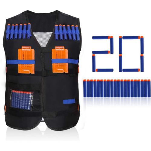 Veste De Chemise Kids Elite Tactical + 20pcs Fl¿¿Chettes Bullets Recharge Balle + 2pcs Chargeurs Aux P¿¿Toire Clips Recharge Rapide Pour Nerf Toy Gun N-Strike Elite Series