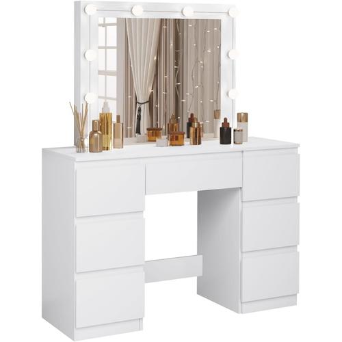 Coiffeuse Avec Miroir Led À Luminosité Réglable, Table De Maquillage Avec 7 Tiroirs, Meuble Chambre Avec Grand Espace De Rangement, 110x39,5x140,5cm, Commode Blanche