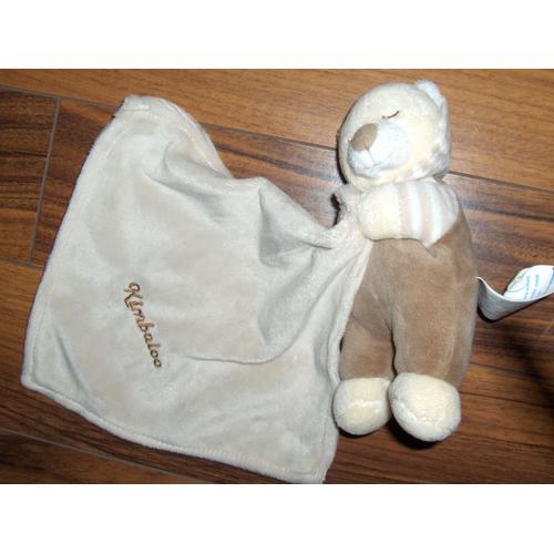 Doudou Ours Kimbaloo Dormeur Yeux Fermes Avec Carre Mouchoir Blanc Bonnet Marron Beige Creme Ecru