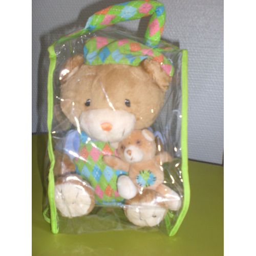 Doudou Ours Petit Hochet Carreaux Vert Bleu Bonnet Saro