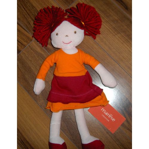 Doudou Poupée Balagio Dinette Marese Cheveux Laine Rouge Robe Orange Rouge