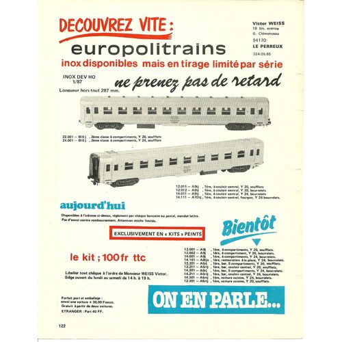 (Pub) Publicité Ancienne (Février 1978) Pour Victor Weiss 18 Bis Avenue Georges Clémenceau À Le Perreux (94) : Trains Éléctriques " Europolitrains " Wagons À Soufflet, Ho 1/87 Inox, Série Limitée