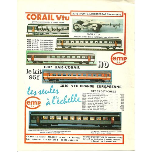 (Pub) Publicité Ancienne (Février 1978) Pour " Cemp Sa " 6 Rue J F Kennedy À Bresles (60) Pour Les Trains Éléctriques " Corail Vtu ", Bar-Corail, Vtu Orange Européenne, Bogie Y 32 A, Pièces Détachées,