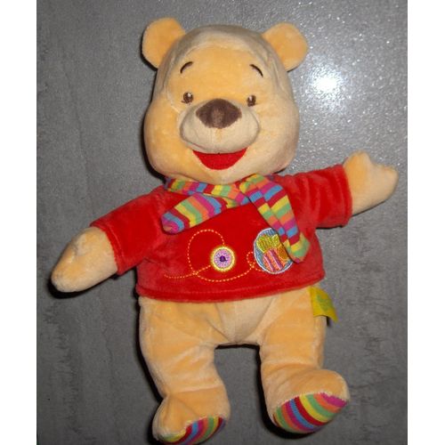 Doudou Winnie L'ourson The Pooh Disney Nicotoy Maillot Tee Shirt Rouge Echarpe Rayee