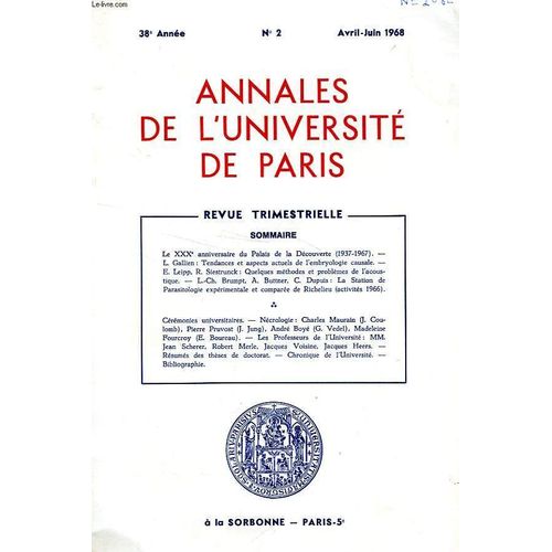 Annales De L'universite De Paris, 38e Annee, N° 2, Avril-Juin 1968