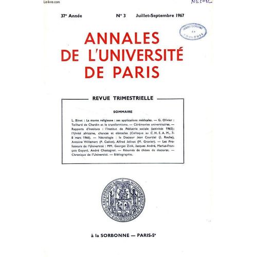 Annales De L'universite De Paris, 37e Annee, N° 3, Juillet-Sept. 1967