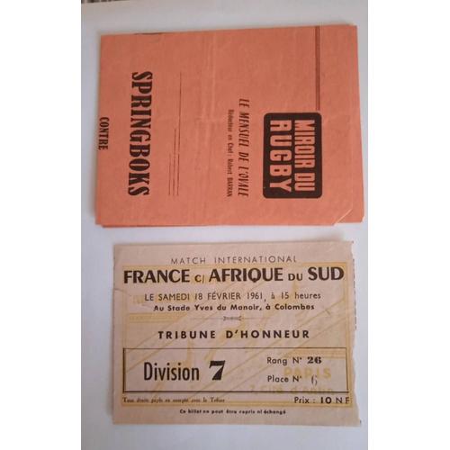 Billet Du Match De Rugby France - Afrique Du Sud ( 18 Février 1961 À Colombes ) ** Tribune D'honneur / Division 7 - Rang 26 **